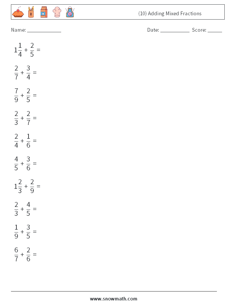 (10) Adding Mixed Fractions Math Worksheets 12