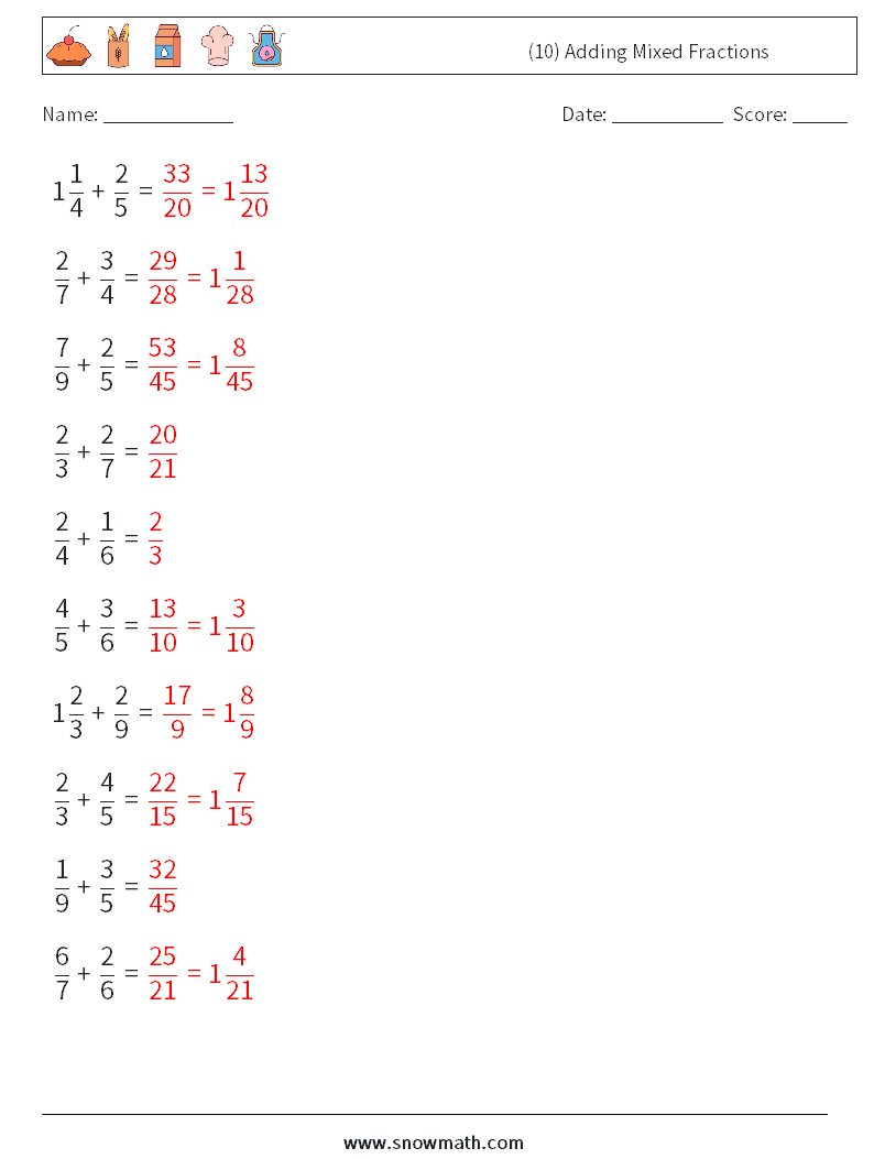 (10) Adding Mixed Fractions Math Worksheets 12 Question, Answer