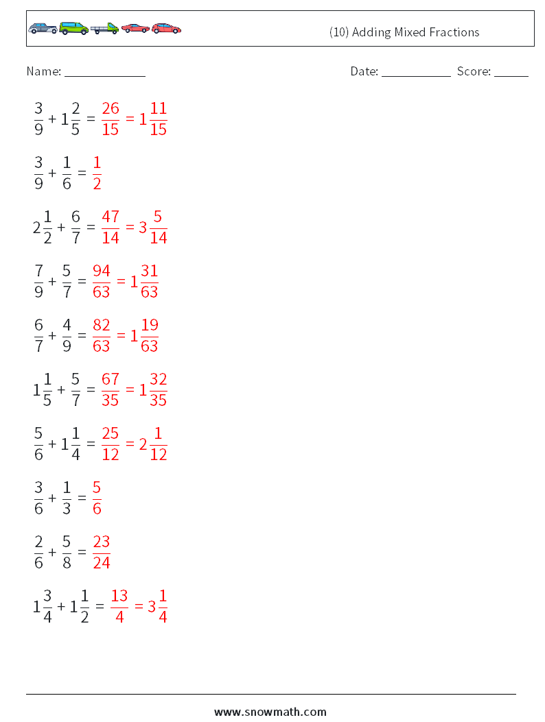 (10) Adding Mixed Fractions Math Worksheets 13 Question, Answer