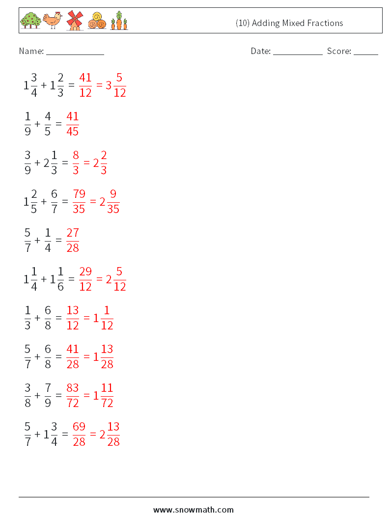 (10) Adding Mixed Fractions Math Worksheets 14 Question, Answer