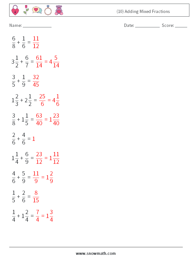 (10) Adding Mixed Fractions Math Worksheets 15 Question, Answer
