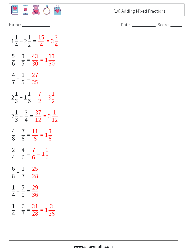 (10) Adding Mixed Fractions Math Worksheets 16 Question, Answer