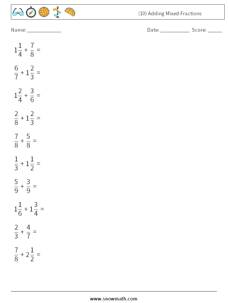 (10) Adding Mixed Fractions Math Worksheets 17
