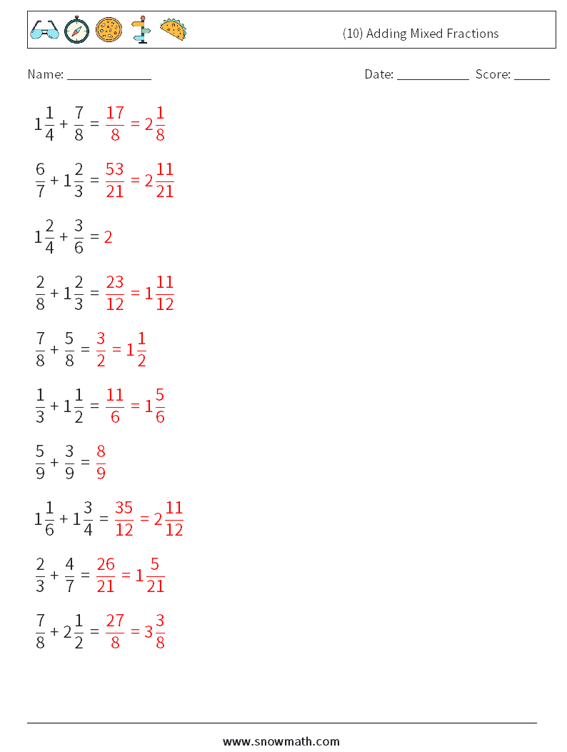 (10) Adding Mixed Fractions Math Worksheets 17 Question, Answer