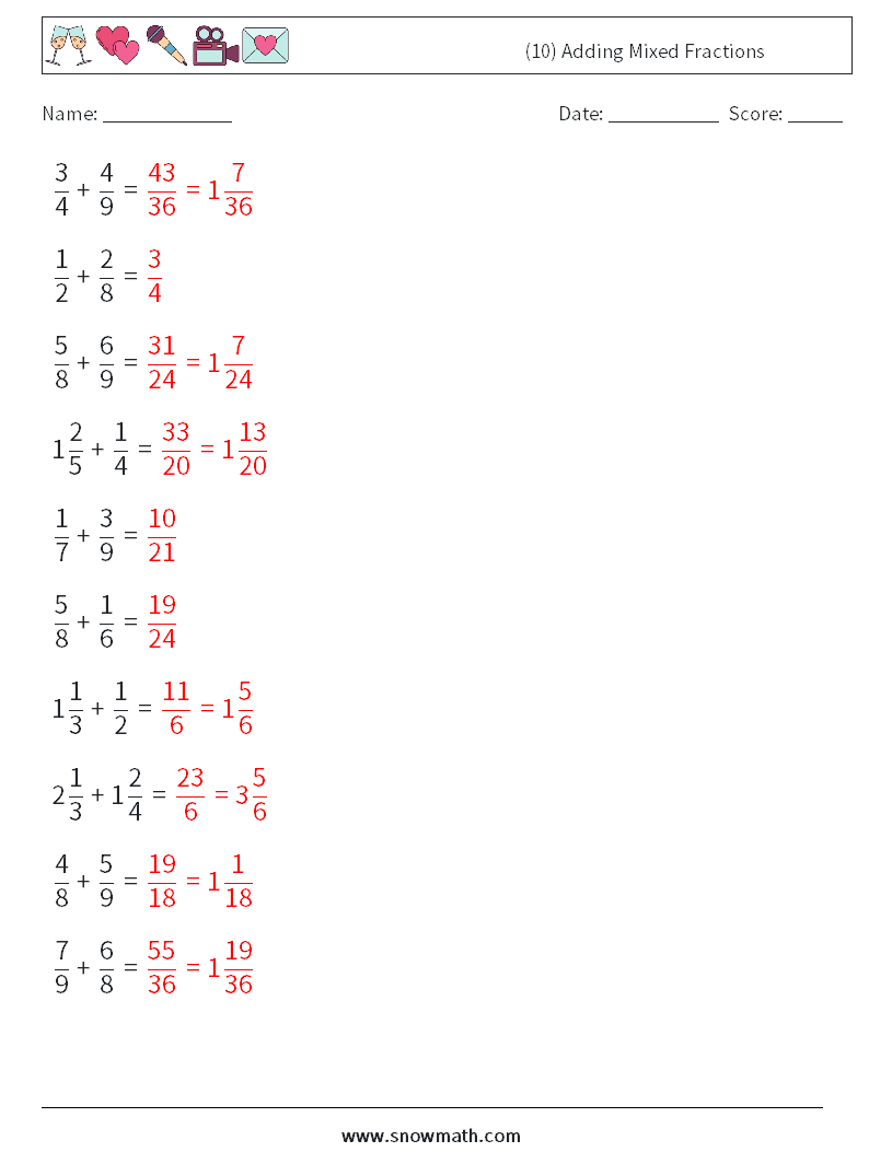 (10) Adding Mixed Fractions Math Worksheets 18 Question, Answer