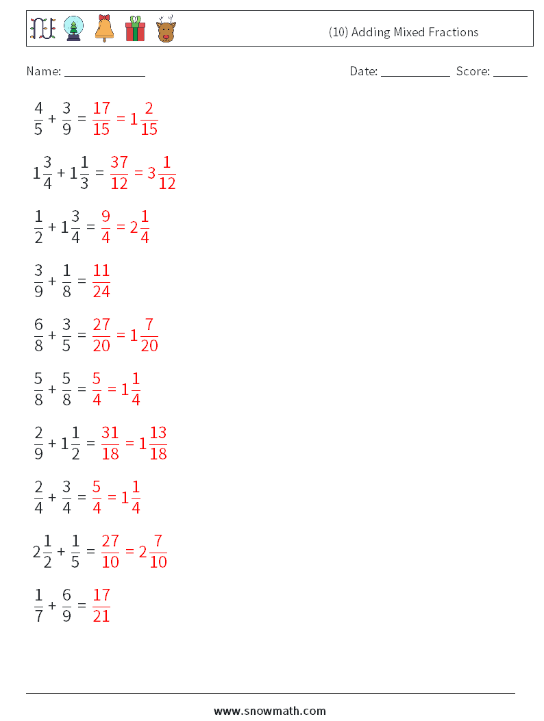 (10) Adding Mixed Fractions Math Worksheets 1 Question, Answer