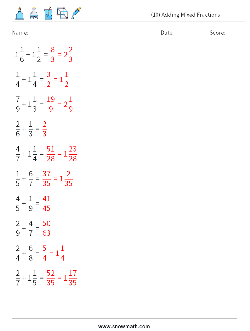 (10) Adding Mixed Fractions Math Worksheets 2 Question, Answer