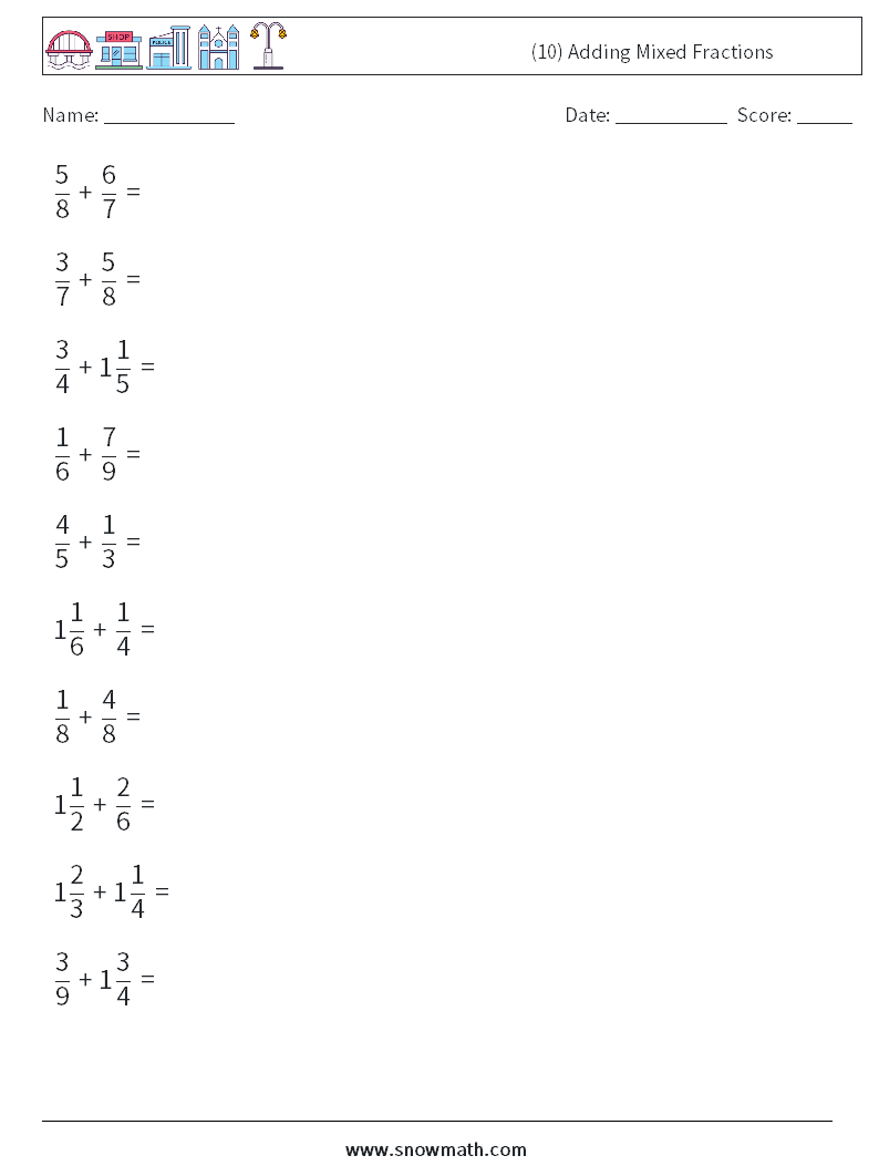 (10) Adding Mixed Fractions Math Worksheets 3