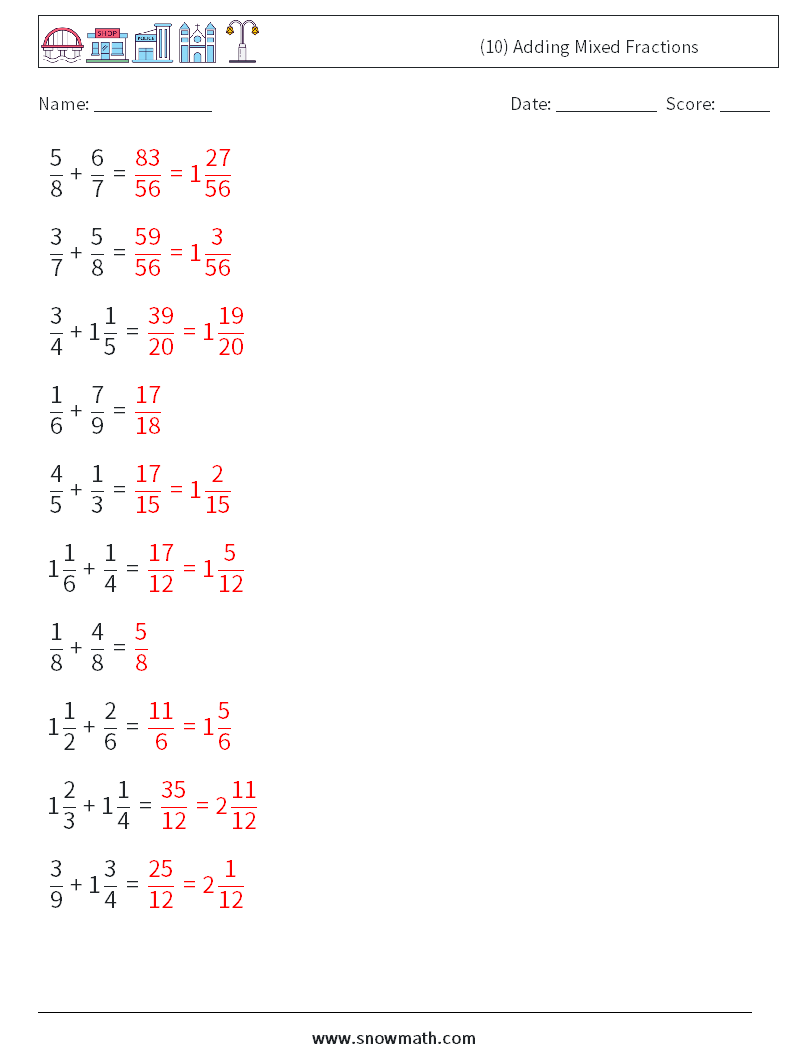 (10) Adding Mixed Fractions Math Worksheets 3 Question, Answer