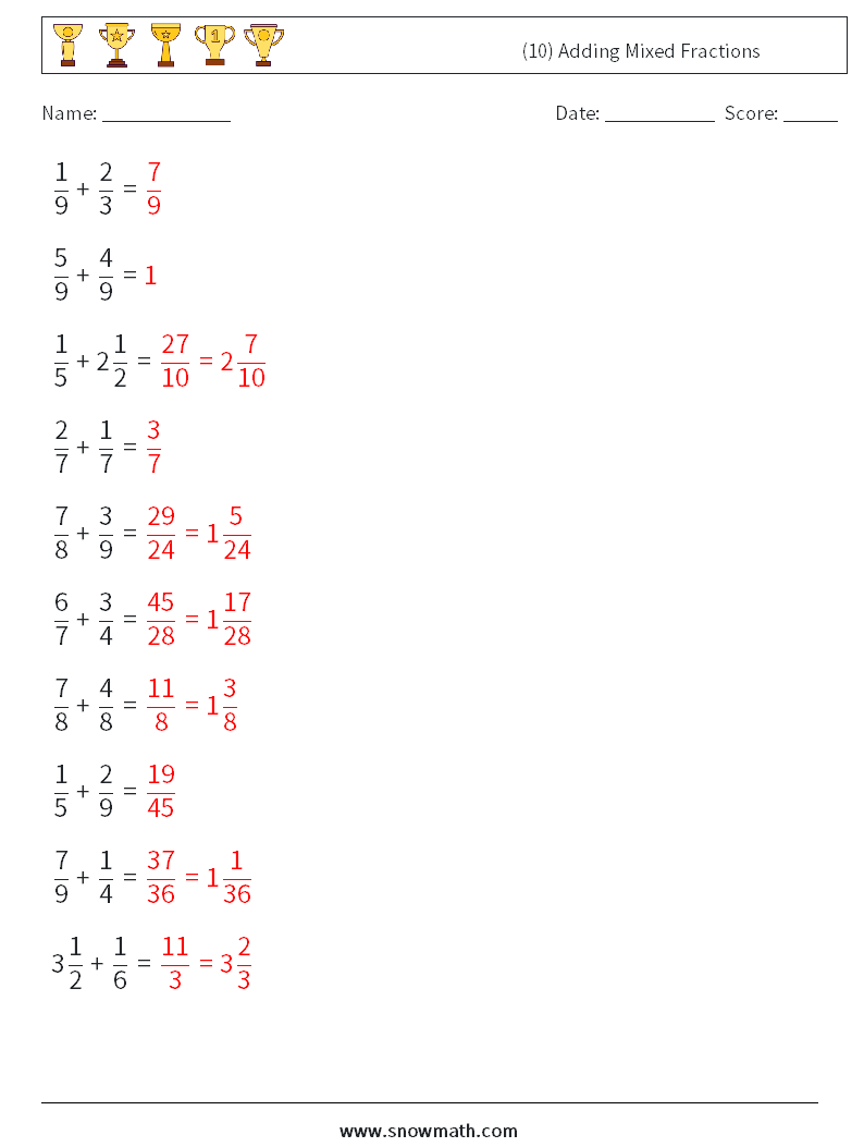 (10) Adding Mixed Fractions Math Worksheets 4 Question, Answer