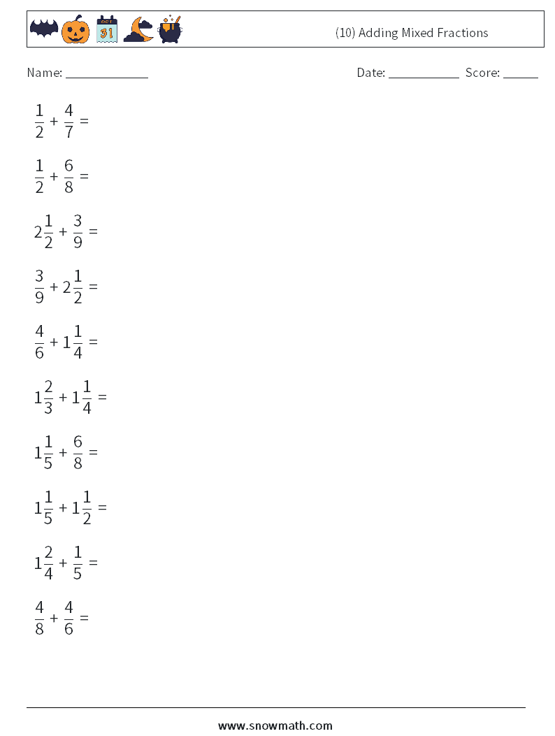 (10) Adding Mixed Fractions Math Worksheets 5