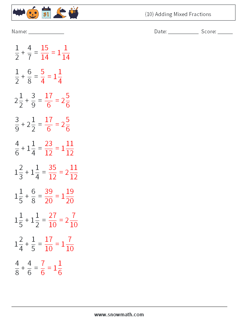 (10) Adding Mixed Fractions Math Worksheets 5 Question, Answer