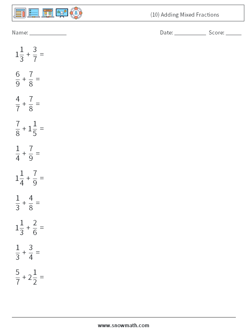 (10) Adding Mixed Fractions Math Worksheets 6