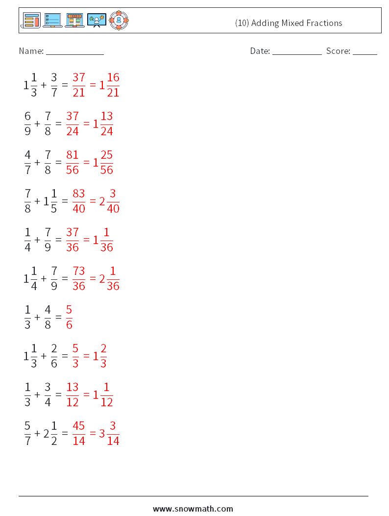 (10) Adding Mixed Fractions Math Worksheets 6 Question, Answer