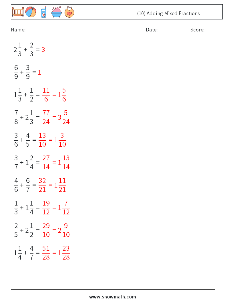 (10) Adding Mixed Fractions Math Worksheets 7 Question, Answer