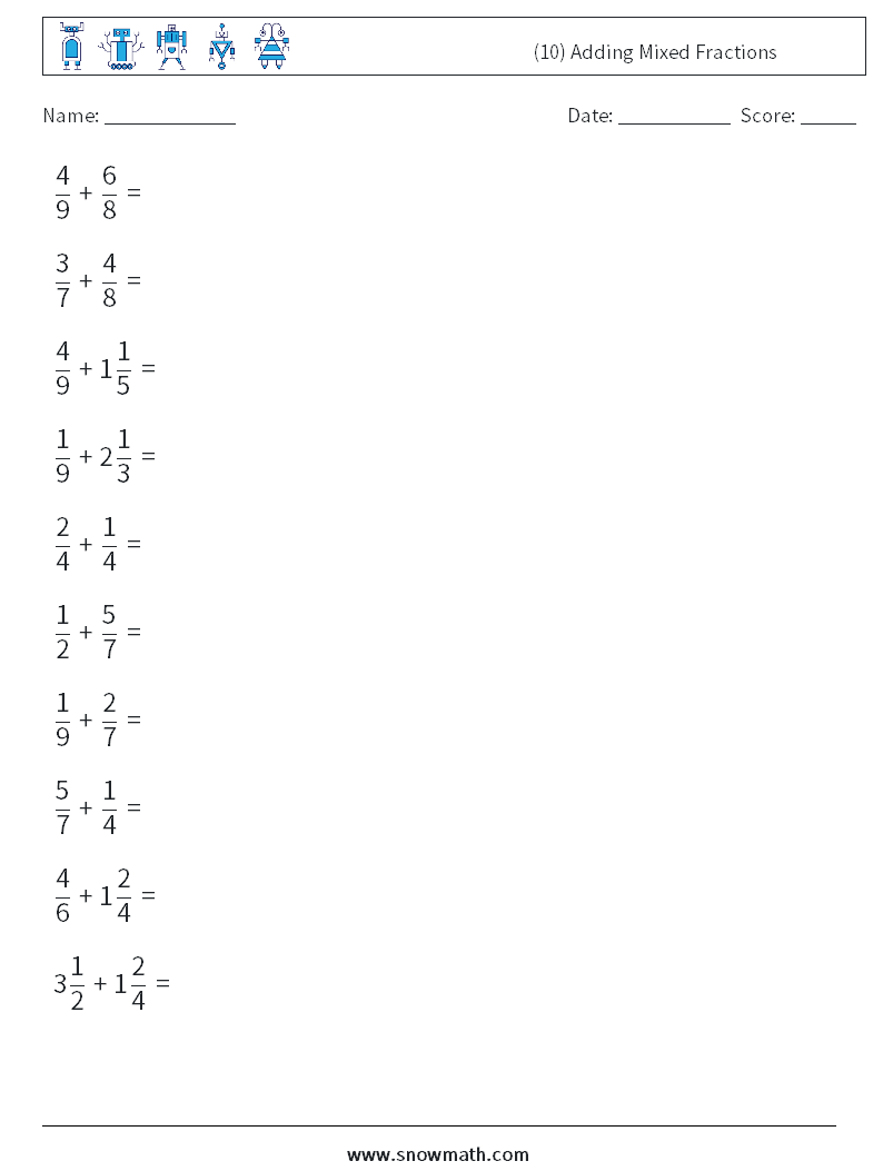 (10) Adding Mixed Fractions Math Worksheets 8