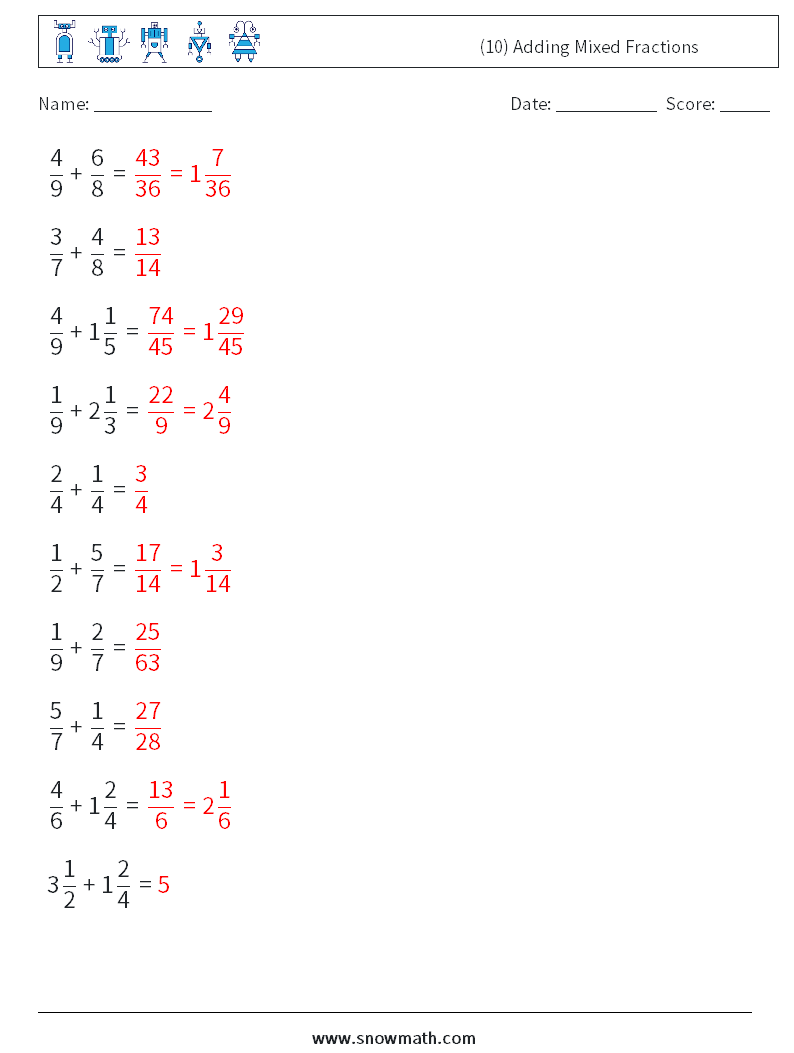 (10) Adding Mixed Fractions Math Worksheets 8 Question, Answer