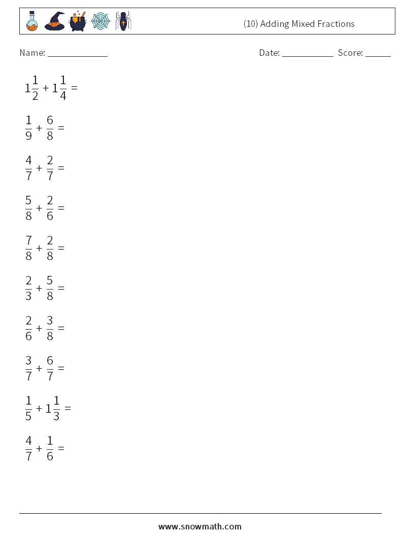 (10) Adding Mixed Fractions Math Worksheets 9