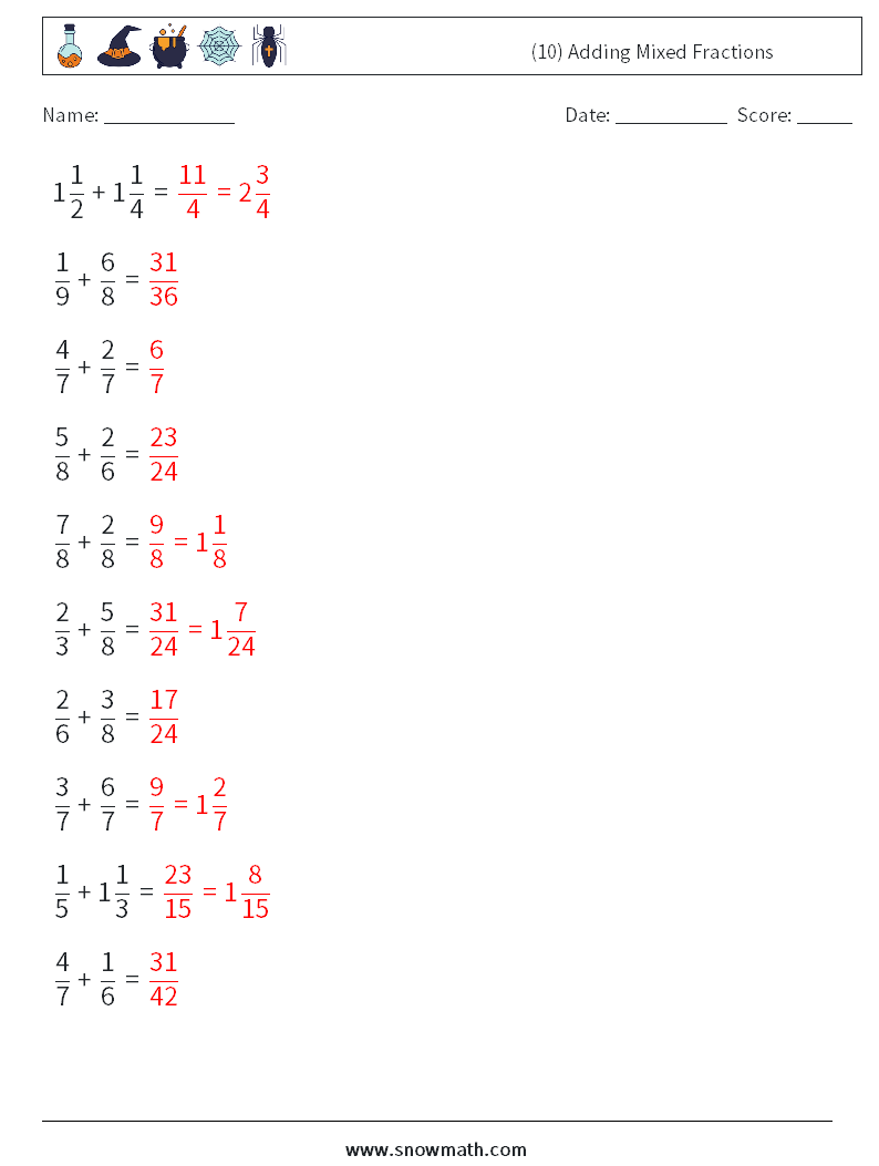 (10) Adding Mixed Fractions Math Worksheets 9 Question, Answer