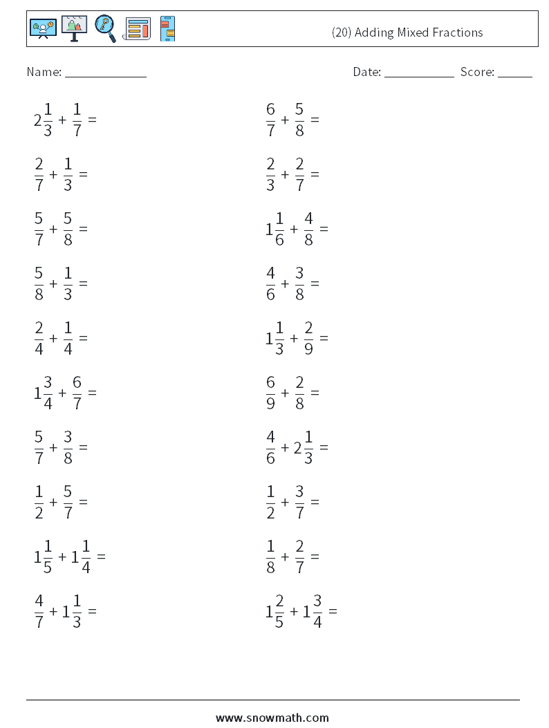 (20) Adding Mixed Fractions Math Worksheets 1