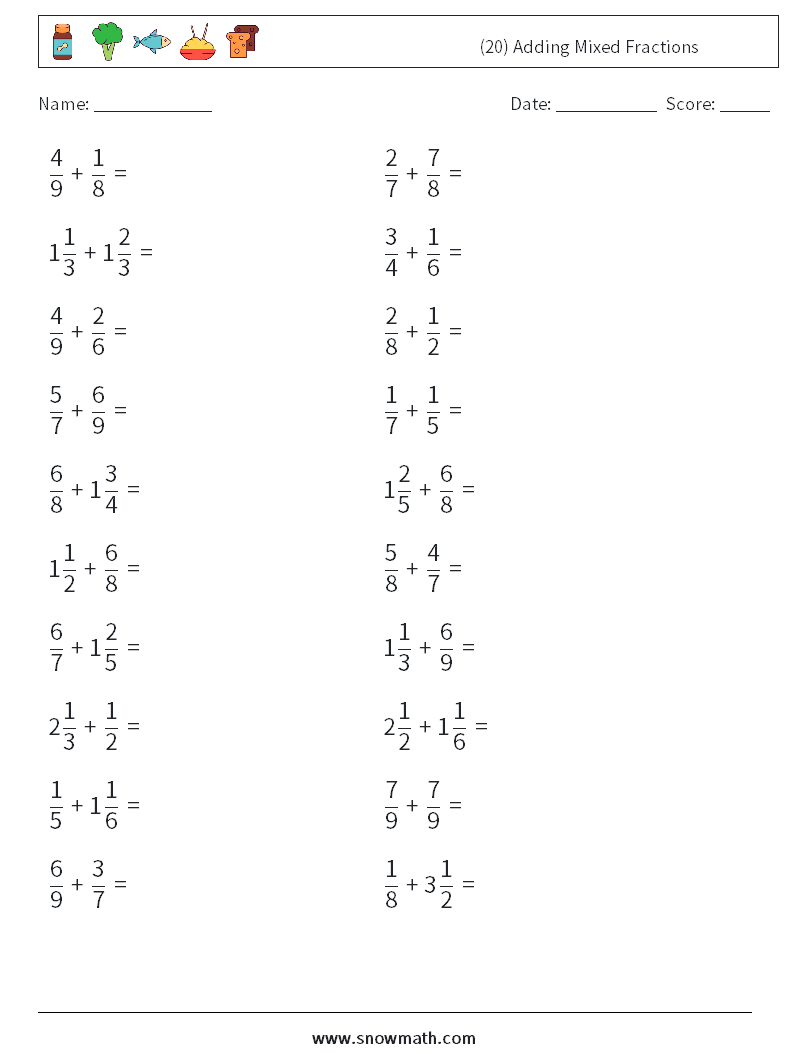(20) Adding Mixed Fractions Math Worksheets 10