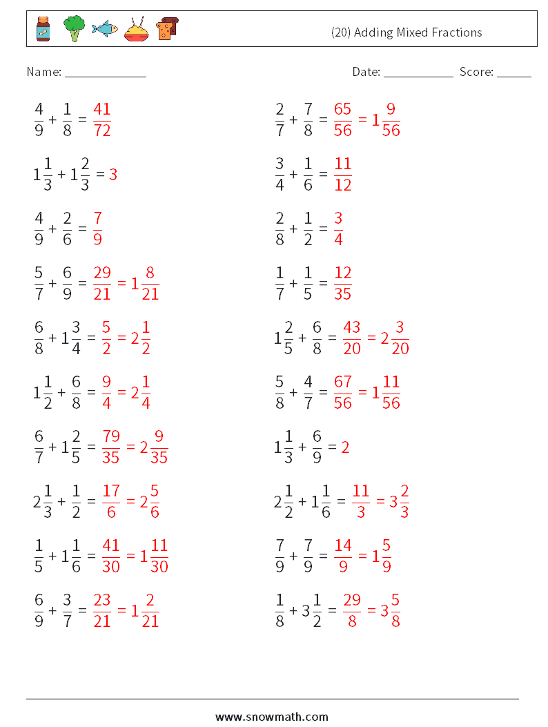 (20) Adding Mixed Fractions Math Worksheets 10 Question, Answer