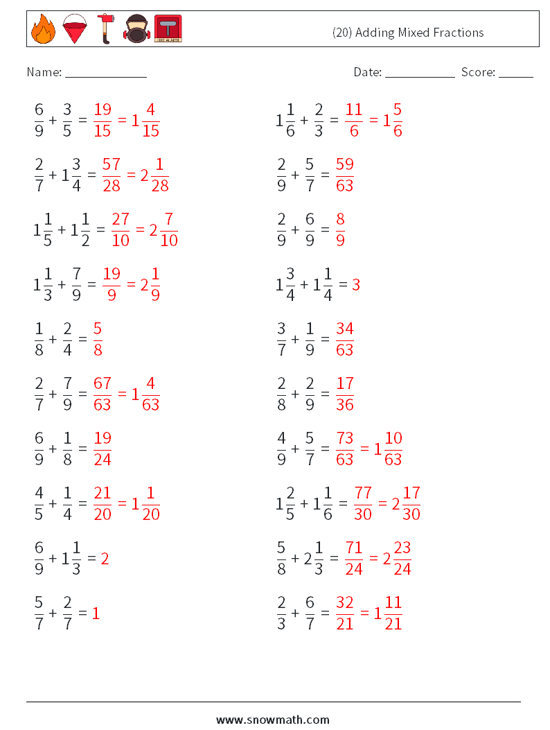 (20) Adding Mixed Fractions Math Worksheets 11 Question, Answer