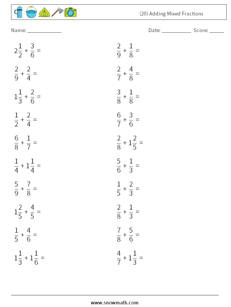 (20) Adding Mixed Fractions Math Worksheets 12
