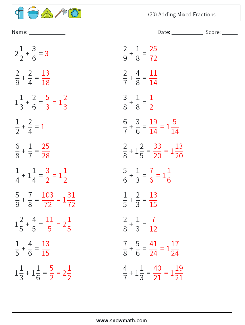 (20) Adding Mixed Fractions Math Worksheets 12 Question, Answer