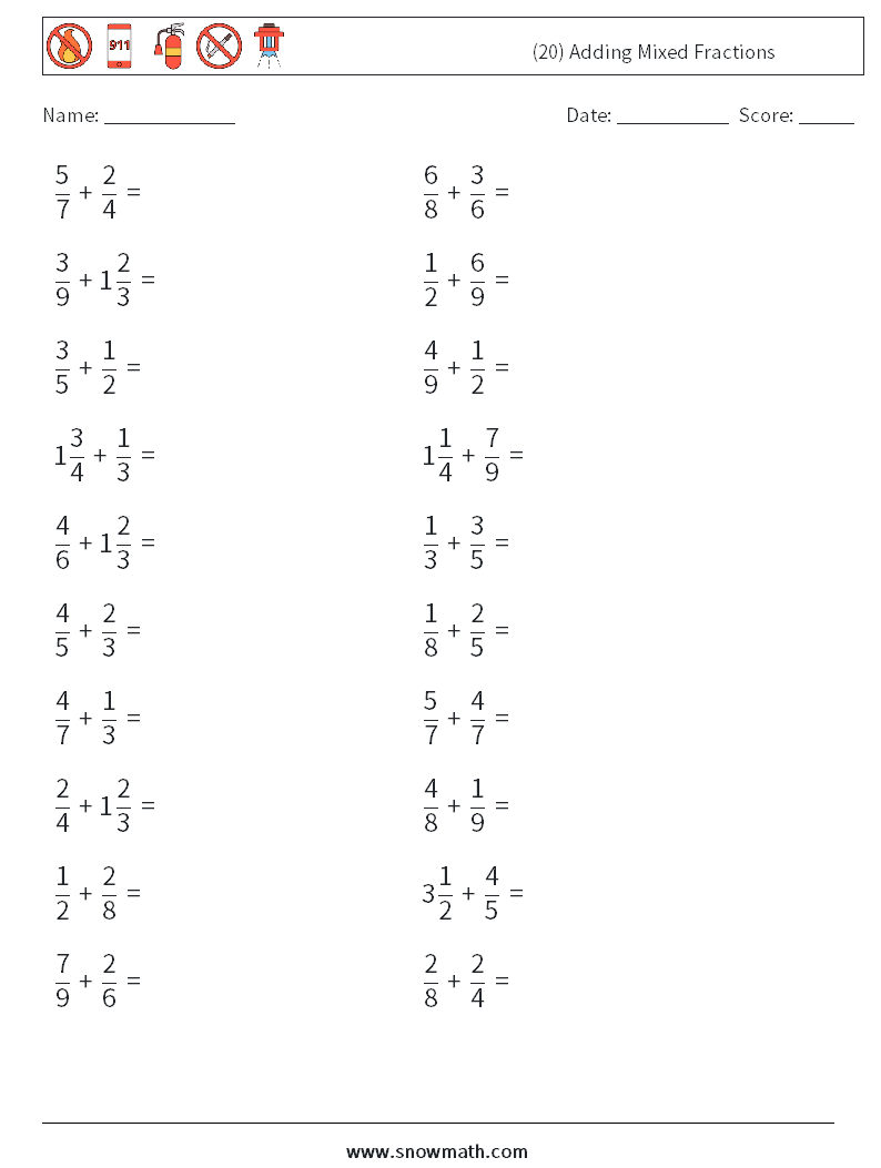(20) Adding Mixed Fractions Math Worksheets 13