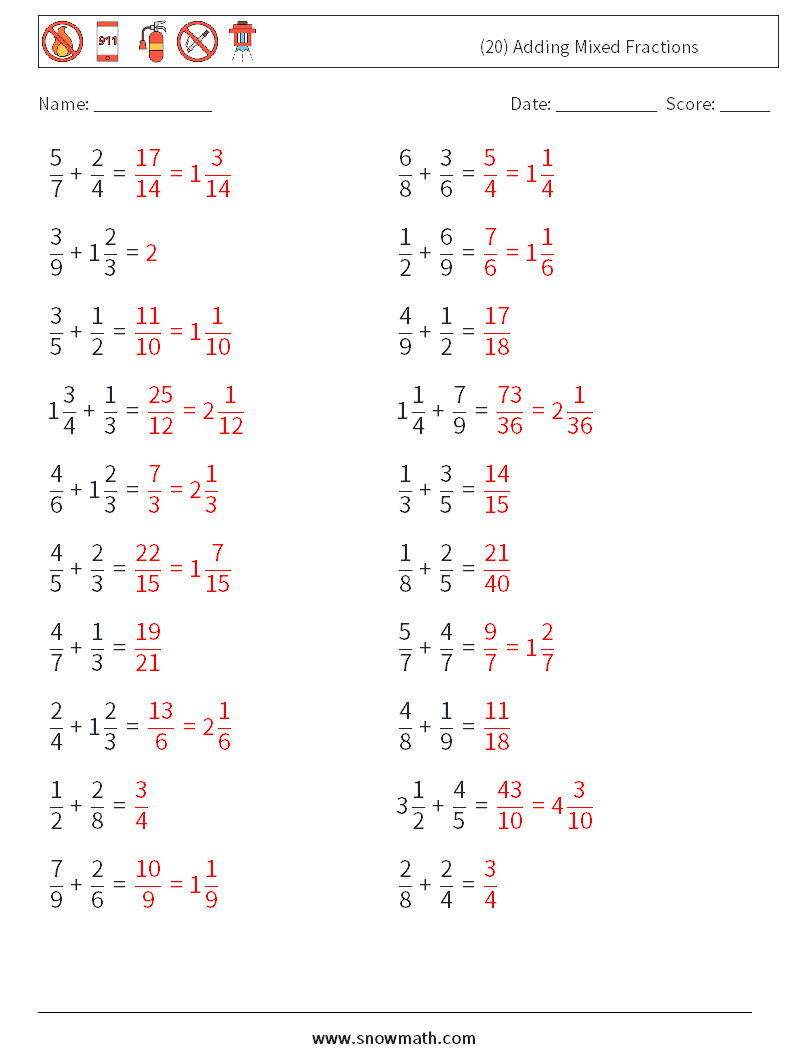 (20) Adding Mixed Fractions Math Worksheets 13 Question, Answer