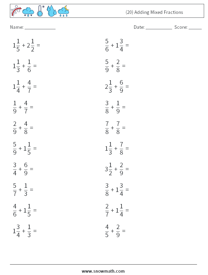 (20) Adding Mixed Fractions Math Worksheets 14