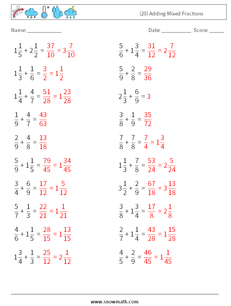 (20) Adding Mixed Fractions Math Worksheets 14 Question, Answer