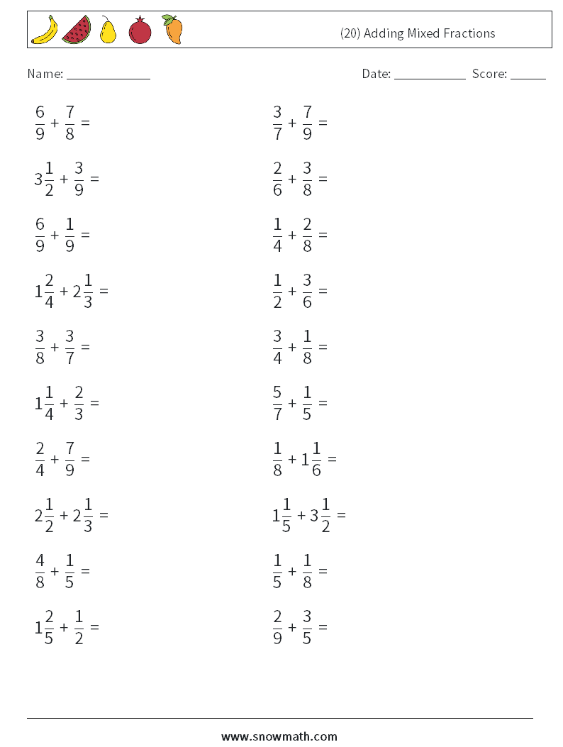 (20) Adding Mixed Fractions Math Worksheets 15