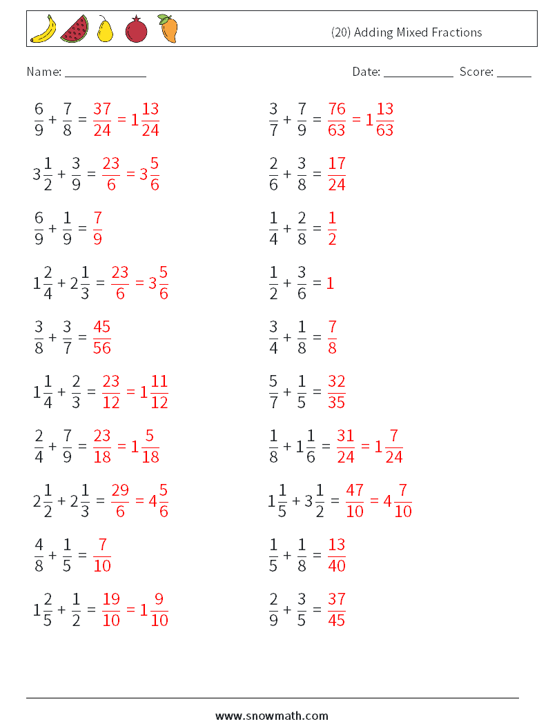 (20) Adding Mixed Fractions Math Worksheets 15 Question, Answer