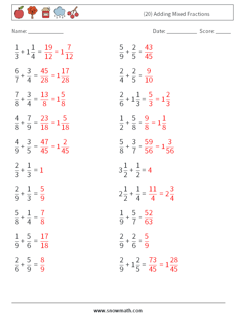 (20) Adding Mixed Fractions Math Worksheets 16 Question, Answer