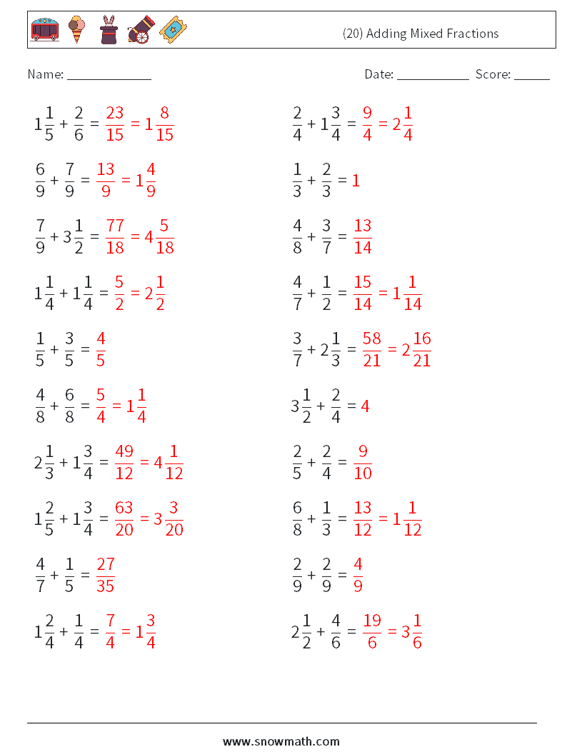 (20) Adding Mixed Fractions Math Worksheets 17 Question, Answer