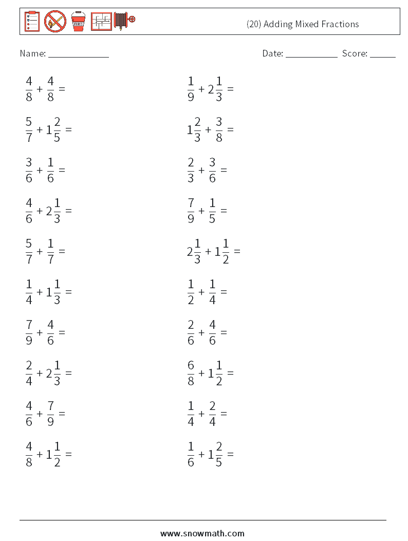 (20) Adding Mixed Fractions Math Worksheets 18