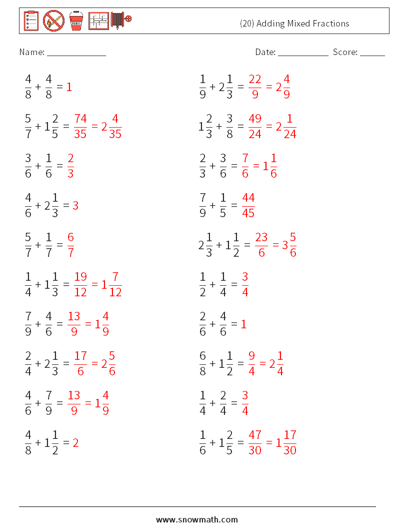 (20) Adding Mixed Fractions Math Worksheets 18 Question, Answer