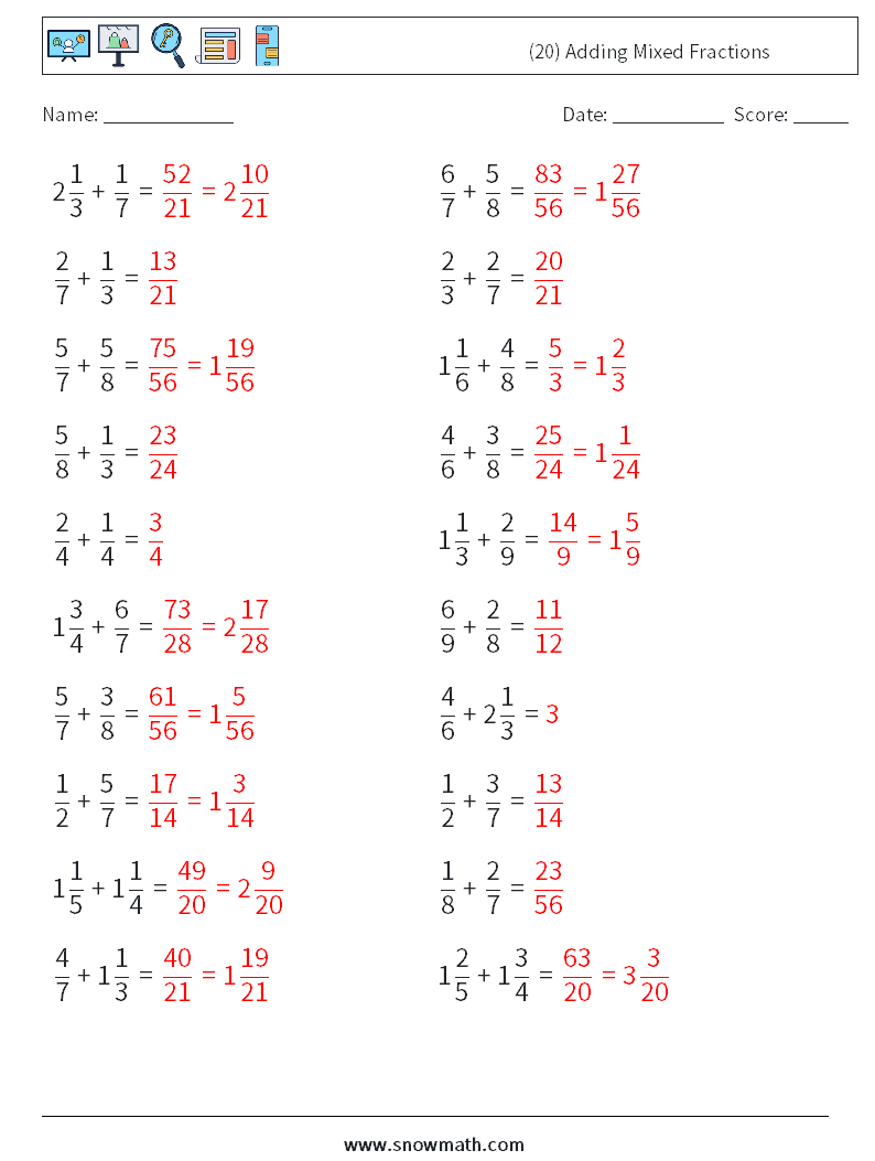 (20) Adding Mixed Fractions Math Worksheets 1 Question, Answer