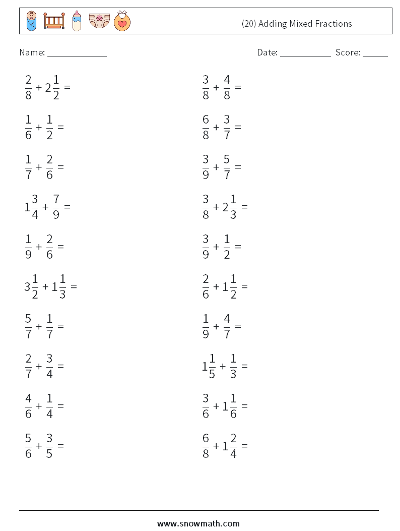 (20) Adding Mixed Fractions Math Worksheets 2
