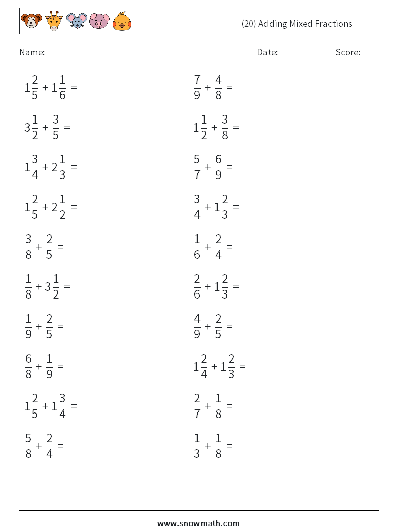 (20) Adding Mixed Fractions Math Worksheets 3