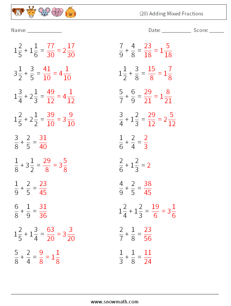 (20) Adding Mixed Fractions Math Worksheets 3 Question, Answer