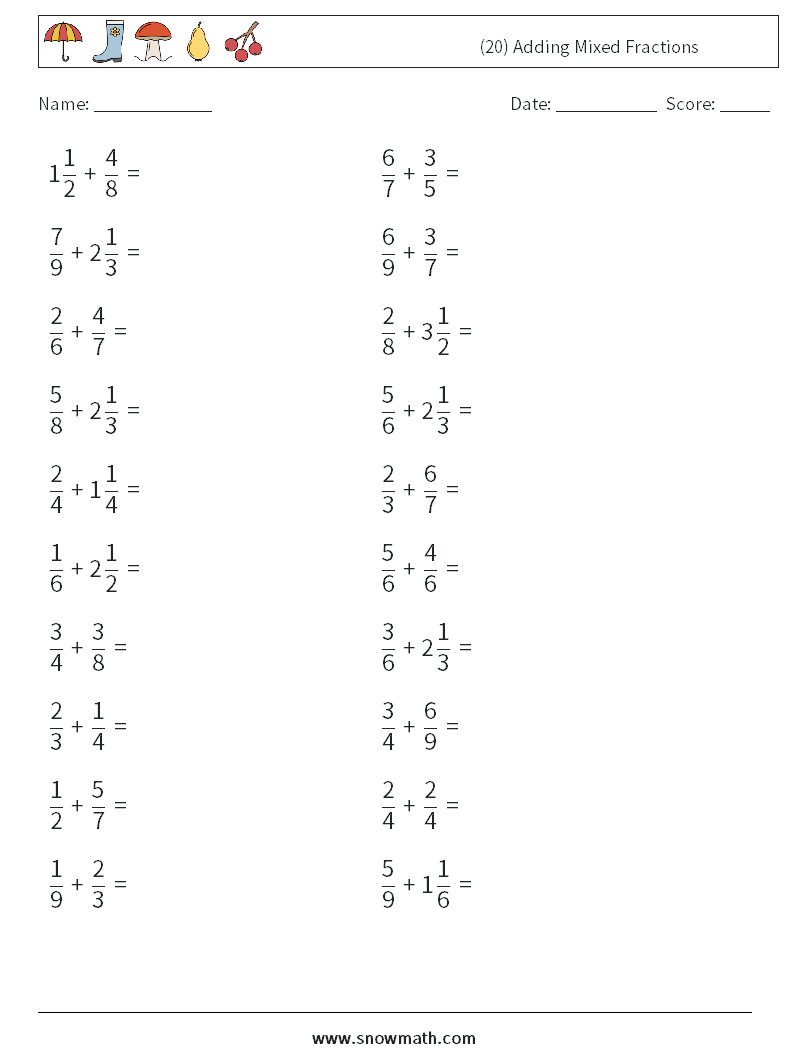 (20) Adding Mixed Fractions Math Worksheets 4