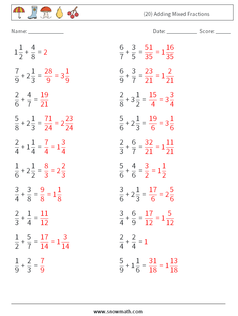 (20) Adding Mixed Fractions Math Worksheets 4 Question, Answer