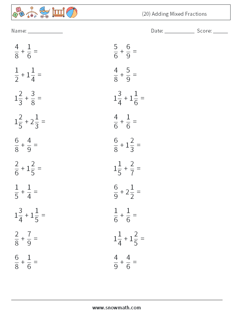 (20) Adding Mixed Fractions Math Worksheets 5