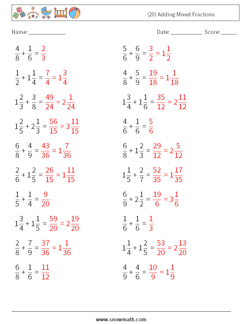 (20) Adding Mixed Fractions Math Worksheets 5 Question, Answer