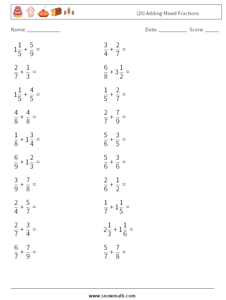 (20) Adding Mixed Fractions Math Worksheets 6