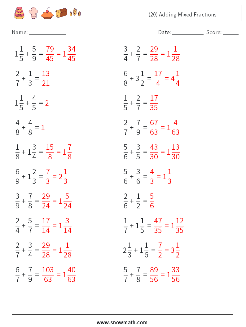 (20) Adding Mixed Fractions Math Worksheets 6 Question, Answer
