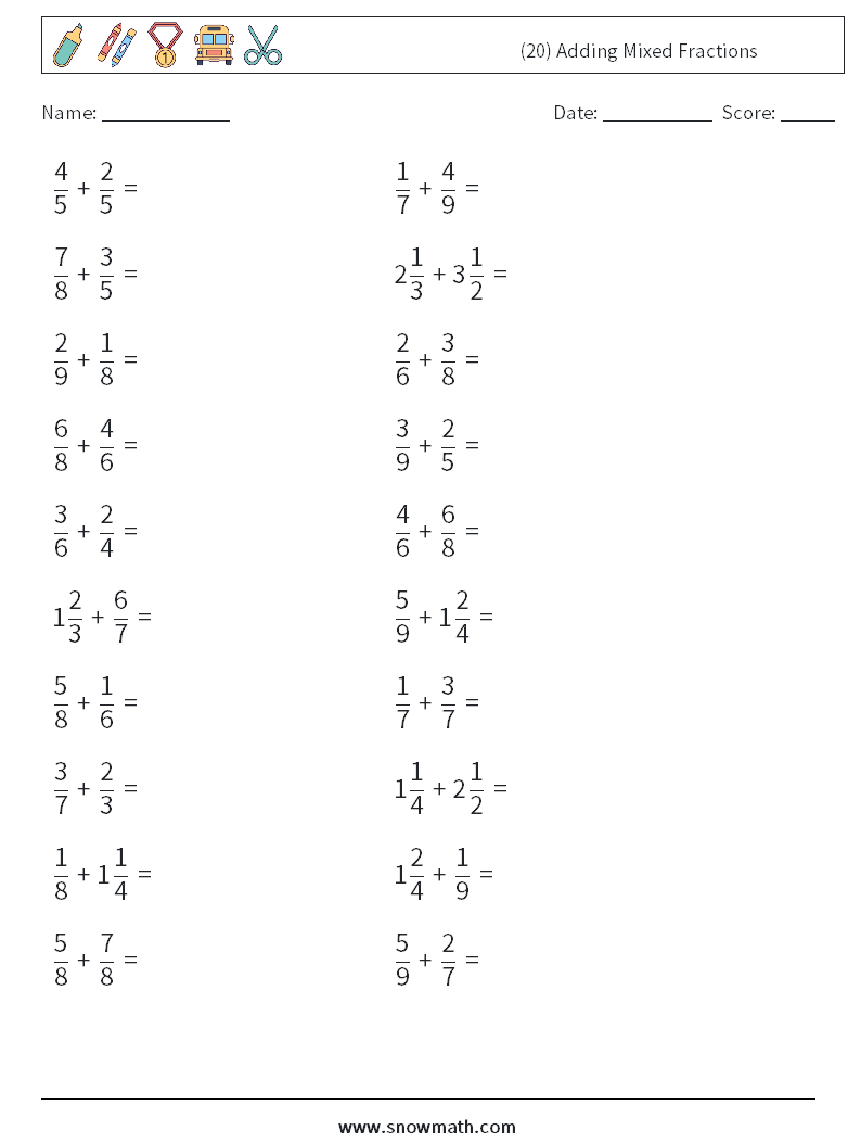 (20) Adding Mixed Fractions Math Worksheets 7